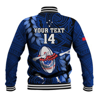 Custom Samoa Rugby Baseball Jacket Manu Samoa Ula Fala Dabbing Ball Polynesian Blue Version - Wonder Print Shop