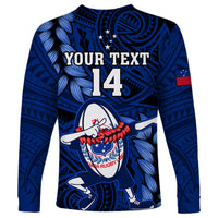 Custom Samoa Rugby Long Sleeve Shirt Manu Samoa Ula Fala Dabbing Ball Polynesian Blue Version - Wonder Print Shop