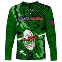 Samoa Rugby Long Sleeve Shirt Manu Samoa Ula Fala Dabbing Ball Polynesian Green Version - Wonder Print Shop