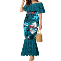 Samoa Rugby Family Matching Mermaid Dress and Hawaiian Shirt Manu Samoa Ula Fala Dabbing Ball Polynesian Turquoise Version - Wonder Print Shop