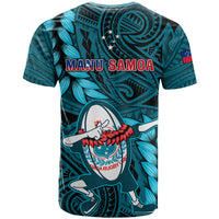 Samoa Rugby T Shirt Manu Samoa Ula Fala Dabbing Ball Polynesian Turquoise Version - Wonder Print Shop