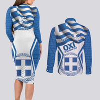 Greece Ohi Day Couples Matching Long Sleeve Bodycon Dress and Long Sleeve Button Shirt Hellas Coat Of Arms Greek Pattern - Wonder Print Shop