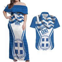 Greece Ohi Day Couples Matching Off Shoulder Maxi Dress and Hawaiian Shirt Hellas Coat Of Arms Greek Pattern - Wonder Print Shop