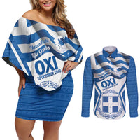 Greece Ohi Day Couples Matching Off Shoulder Short Dress and Long Sleeve Button Shirt Hellas Coat Of Arms Greek Pattern - Wonder Print Shop