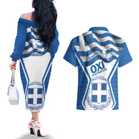 Greece Ohi Day Couples Matching Off The Shoulder Long Sleeve Dress and Hawaiian Shirt Hellas Coat Of Arms Greek Pattern - Wonder Print Shop