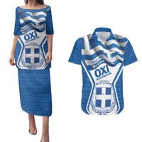 Greece Ohi Day Couples Matching Puletasi and Hawaiian Shirt Hellas Coat Of Arms Greek Pattern - Wonder Print Shop