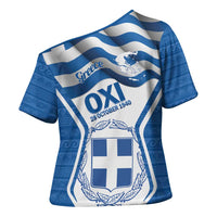 Greece Ohi Day Cross Shoulder Shirt Hellas Coat Of Arms Greek Pattern - Wonder Print Shop