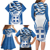 Greece Ohi Day Family Matching Long Sleeve Bodycon Dress and Hawaiian Shirt Hellas Coat Of Arms Greek Pattern - Wonder Print Shop