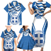 Greece Ohi Day Family Matching Short Sleeve Bodycon Dress and Hawaiian Shirt Hellas Coat Of Arms Greek Pattern - Wonder Print Shop
