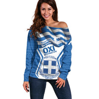 Greece Ohi Day Off Shoulder Sweater Hellas Coat Of Arms Greek Pattern - Wonder Print Shop