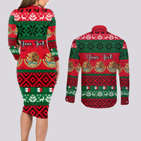 Personalised Mexico Christmas Couples Matching Long Sleeve Bodycon Dress and Long Sleeve Button Shirt Feliz Navidad Mexican Pattern - Wonder Print Shop