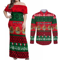 Personalised Mexico Christmas Couples Matching Off Shoulder Maxi Dress and Long Sleeve Button Shirt Feliz Navidad Mexican Pattern - Wonder Print Shop