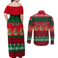 Personalised Mexico Christmas Couples Matching Off Shoulder Maxi Dress and Long Sleeve Button Shirt Feliz Navidad Mexican Pattern - Wonder Print Shop