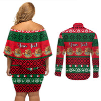 Personalised Mexico Christmas Couples Matching Off Shoulder Short Dress and Long Sleeve Button Shirt Feliz Navidad Mexican Pattern - Wonder Print Shop