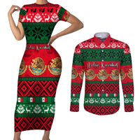 Personalised Mexico Christmas Couples Matching Short Sleeve Bodycon Dress and Long Sleeve Button Shirt Feliz Navidad Mexican Pattern - Wonder Print Shop