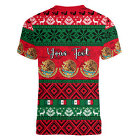 Personalised Mexico Christmas Women V Neck T Shirt Feliz Navidad Mexican Pattern - Wonder Print Shop