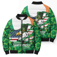 Irish American St Patrick's Day Bomber Puffer Jacket USA Eagle Leprechaun Hat Shamrock Pattern