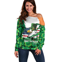 Irish American St Patrick's Day Off Shoulder Sweater USA Eagle Leprechaun Hat Shamrock Pattern