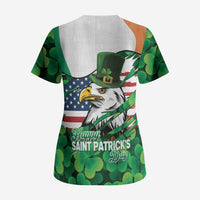 Irish American St Patrick's Day Scrub Top USA Eagle Leprechaun Hat Shamrock Pattern