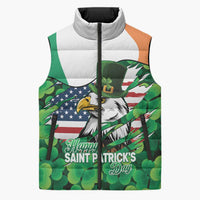 Irish American St Patrick's Day Sleeveless Puffer Jacket USA Eagle Leprechaun Hat Shamrock Pattern