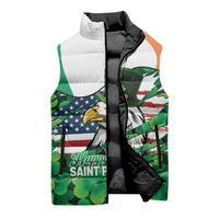 Irish American St Patrick's Day Sleeveless Puffer Jacket USA Eagle Leprechaun Hat Shamrock Pattern