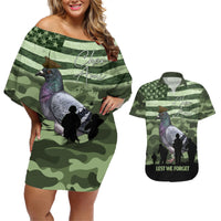 Personalized USA Cher Ami Couples Matching Off Shoulder Short Dress and Hawaiian Shirt Lest We Forget Pigeon Hero - Wonder Print Shop