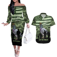 Personalized USA Cher Ami Couples Matching Off The Shoulder Long Sleeve Dress and Hawaiian Shirt Lest We Forget Pigeon Hero - Wonder Print Shop