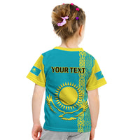 Personalised Kazakhstan Kid T Shirt Kazakh Traditional Pattern Blue Version - Wonder Print Shop