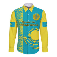 Personalised Kazakhstan Long Sleeve Button Shirt Kazakh Traditional Pattern Blue Version - Wonder Print Shop