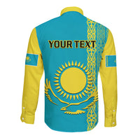 Personalised Kazakhstan Long Sleeve Button Shirt Kazakh Traditional Pattern Blue Version - Wonder Print Shop