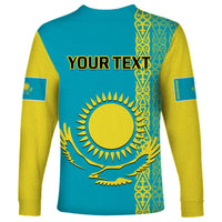 Personalised Kazakhstan Long Sleeve Shirt Kazakh Traditional Pattern Blue Version - Wonder Print Shop