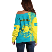 Personalised Kazakhstan Off Shoulder Sweater Kazakh Traditional Pattern Blue Version - Wonder Print Shop