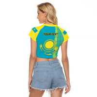 Personalised Kazakhstan Raglan Cropped T Shirt Kazakh Traditional Pattern Blue Version - Wonder Print Shop