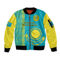 Personalised Kazakhstan Sleeve Zip Bomber Jacket Kazakh Traditional Pattern Blue Version - Wonder Print Shop