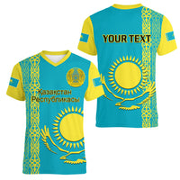 Personalised Kazakhstan Women V Neck T Shirt Kazakh Traditional Pattern Blue Version - Wonder Print Shop