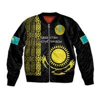 Personalised Kazakhstan Bomber Jacket Kazakh Traditional Pattern Black Version - Wonder Print Shop