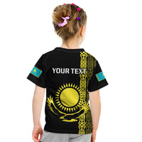 Personalised Kazakhstan Kid T Shirt Kazakh Traditional Pattern Black Version - Wonder Print Shop