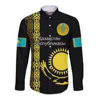 Personalised Kazakhstan Long Sleeve Button Shirt Kazakh Traditional Pattern Black Version - Wonder Print Shop
