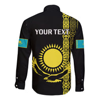 Personalised Kazakhstan Long Sleeve Button Shirt Kazakh Traditional Pattern Black Version - Wonder Print Shop
