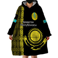 Personalised Kazakhstan Wearable Blanket Hoodie Kazakh Traditional Pattern Black Version - Wonder Print Shop