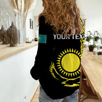 Personalised Kazakhstan Women Casual Shirt Kazakh Traditional Pattern Black Version - Wonder Print Shop