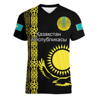 Personalised Kazakhstan Women V Neck T Shirt Kazakh Traditional Pattern Black Version - Wonder Print Shop