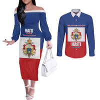 Personalised Second Empire of Haiti 1849-1859 Couples Matching Off The Shoulder Long Sleeve Dress and Long Sleeve Button Shirt Anpi an Ayiti Flag Style