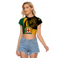 Jamaica Raglan Cropped T Shirt Jumieka Coat Of Arms Lion Mix African Pattern - Wonder Print Shop