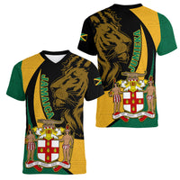 Jamaica Women V Neck T Shirt Jumieka Coat Of Arms Lion Mix African Pattern - Wonder Print Shop