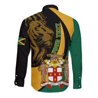 Personalised Jamaica Long Sleeve Button Shirt Jumieka Coat Of Arms Lion Mix African Pattern - Wonder Print Shop