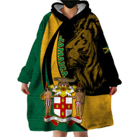 Personalised Jamaica Wearable Blanket Hoodie Jumieka Coat Of Arms Lion Mix African Pattern - Wonder Print Shop
