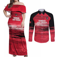 Custom Trinidad and Tobago Football Couples Matching Off Shoulder Maxi Dress and Long Sleeve Button Shirt 2025 Grunge Version - Wonder Print Shop