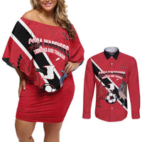Custom Trinidad and Tobago Football Couples Matching Off Shoulder Short Dress and Long Sleeve Button Shirt Come On Soca Warriors - Wonder Print Shop