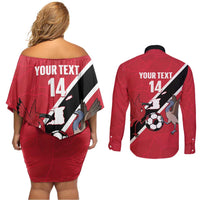Custom Trinidad and Tobago Football Couples Matching Off Shoulder Short Dress and Long Sleeve Button Shirt Come On Soca Warriors - Wonder Print Shop